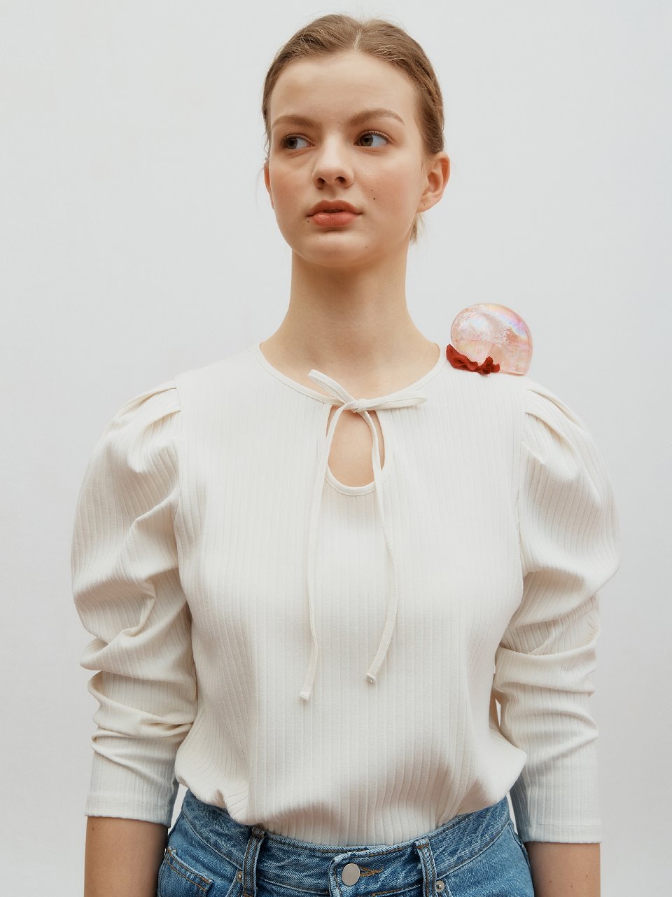 Ribbed puff top - Ivory
