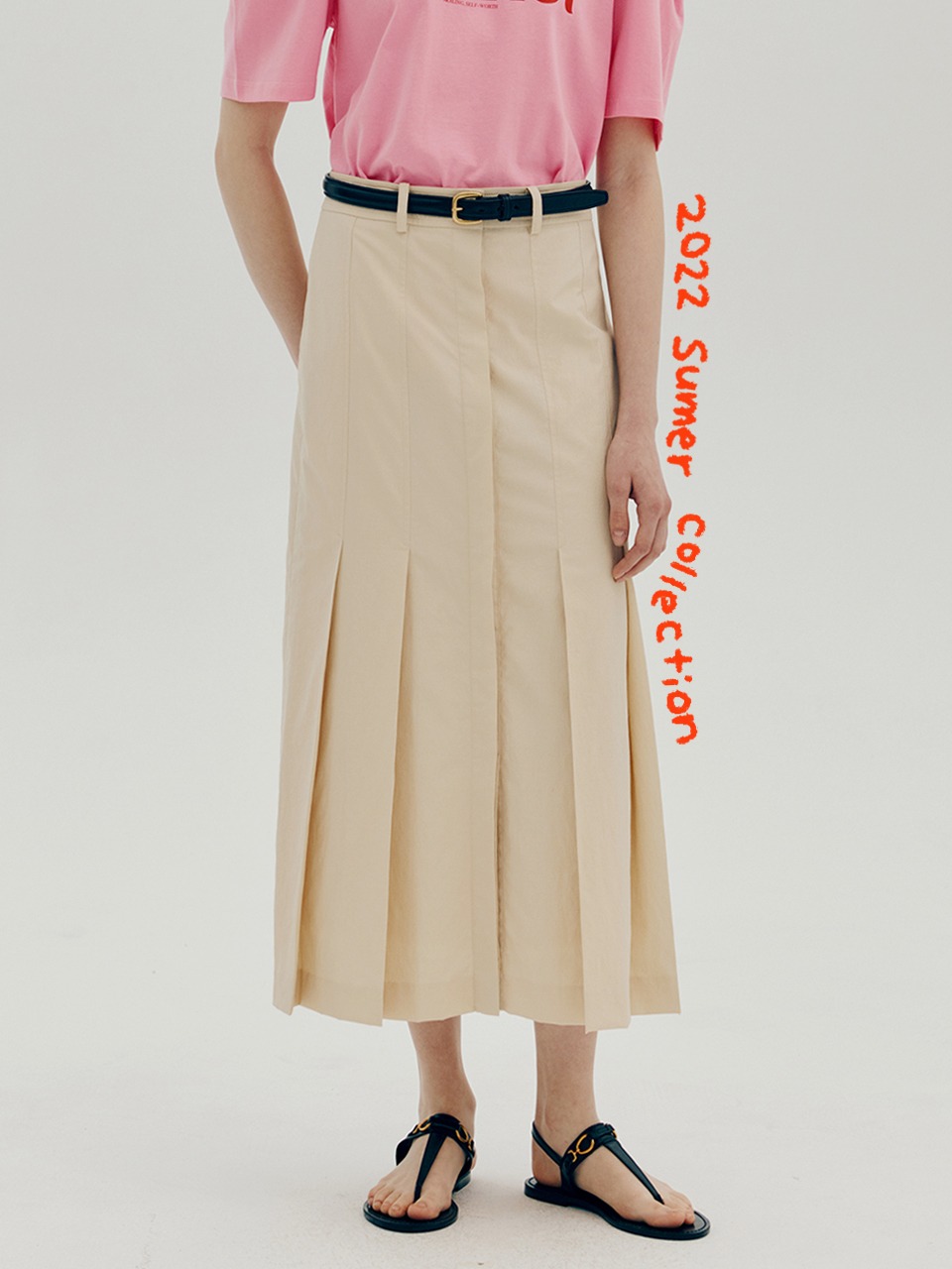 Pleated long slit skirt - Cream beige