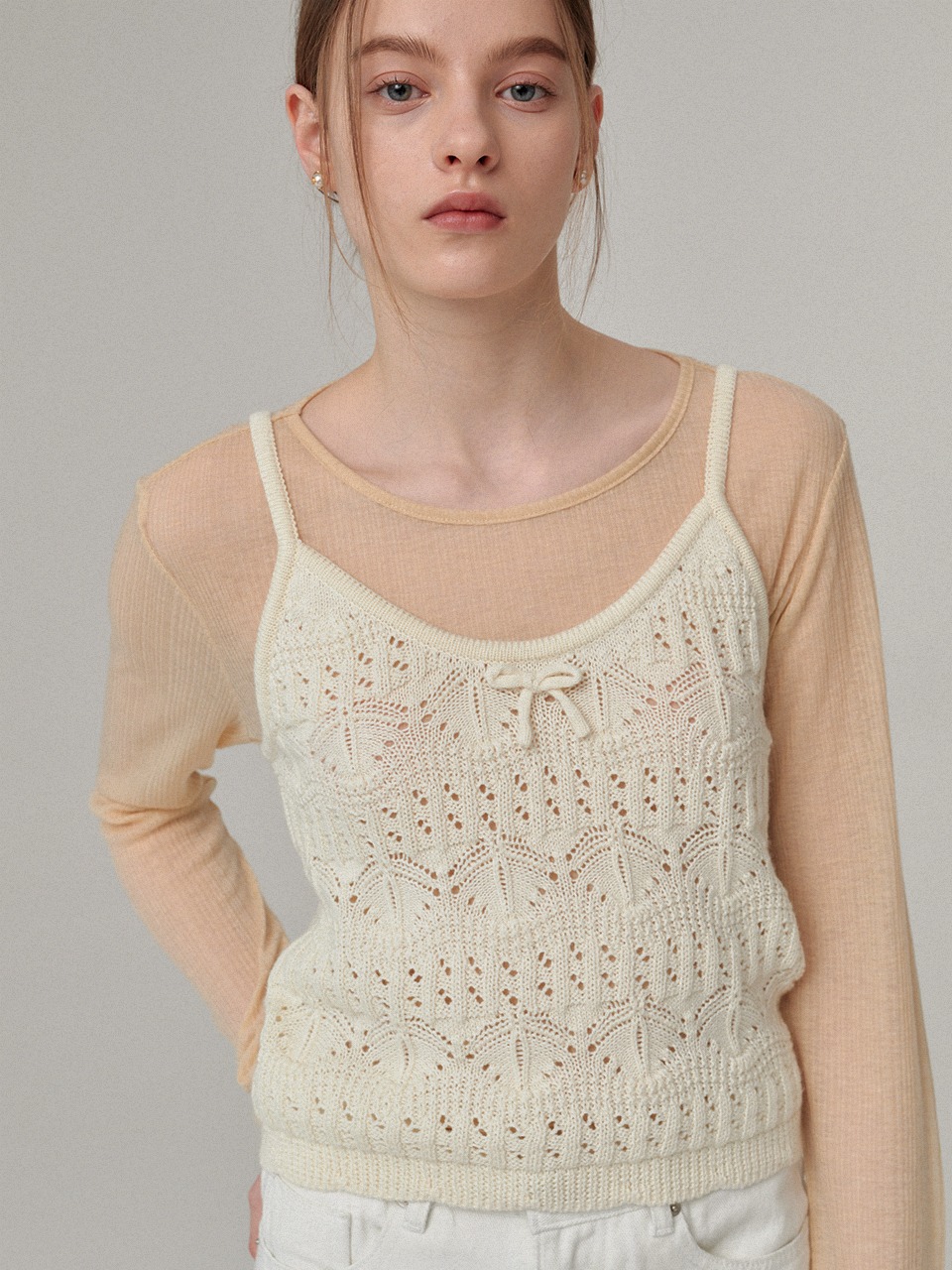 Ribbon point punching bustier knit - Ivory